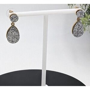 J. Crew Glittery Silver Tear Drop Shaped Druzy Like Smooth Gold Tone Earrings
